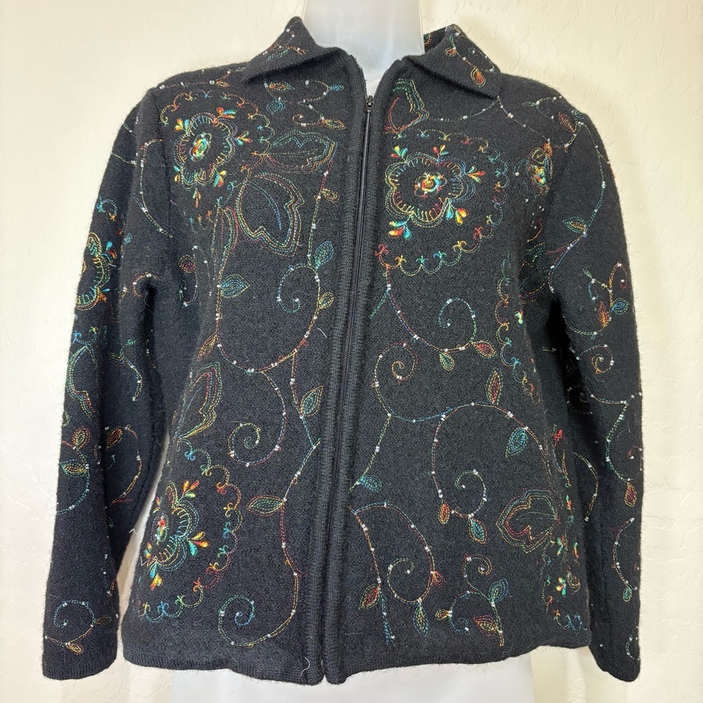 Bechamel Petites Wool Embroidered Black Jacket Zip Up
